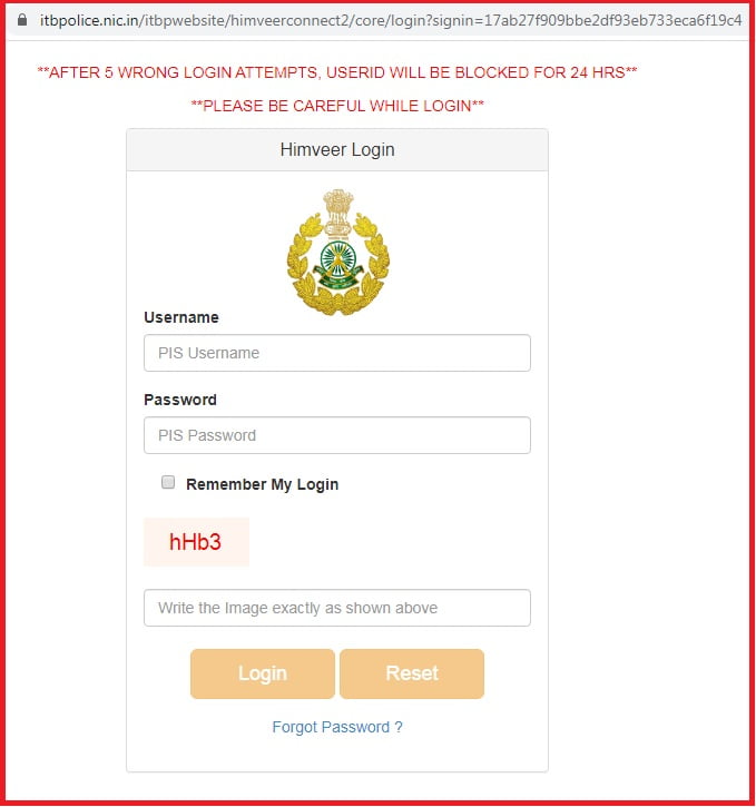 ITBP PIS himveer connect login Pay Slip 2022
