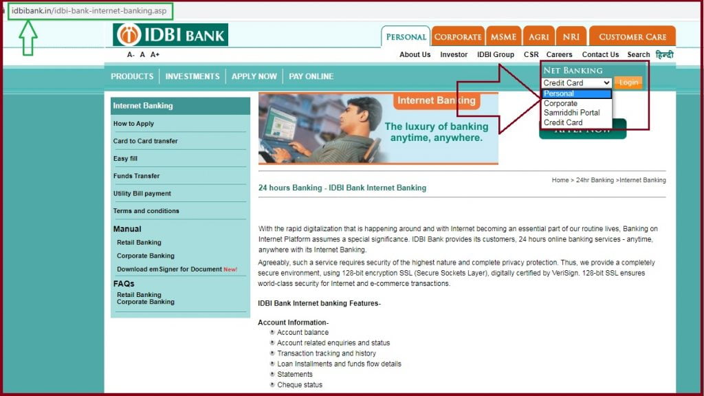 IDBI Net Banking Corporate credit card login